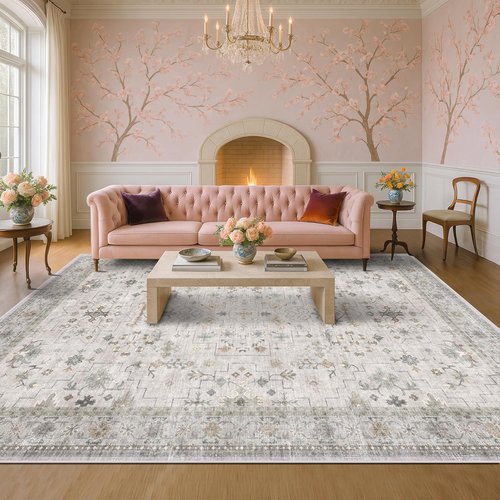 Hazo Haus Boho Light Grey Living Room Rug - Modern Vintage Floral Design | Extra Large 9x12, Washable Non-Slip