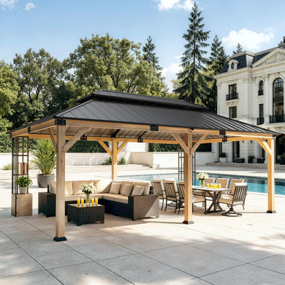 ALAULM 12'x20' Hardtop Gazebo, Outdoor Wood Pergola with Double Metal Roof Metal Corner Frame Shelves Storage,Outdoor Pavilion for Patio, Backyard, Deck,Natural