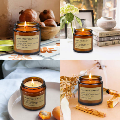 YFYTRE 4 Pack Scented Candle Set Soy Wax Candles, Aromatherapy Candles for Home Decoration, Jar Candles Gift for Women Mother with Amber Glass Jars and Kraft Wrapping