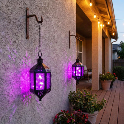 Vela Lanterns Gothic Candle Holder, Hanging Lantern Indoor Lamp, Witchy Whimsigoth Home Decor, Decorative Moroccan Purple Glass Halloween & Vampire Decorations, Metal with 12" Chain, Purple Glass