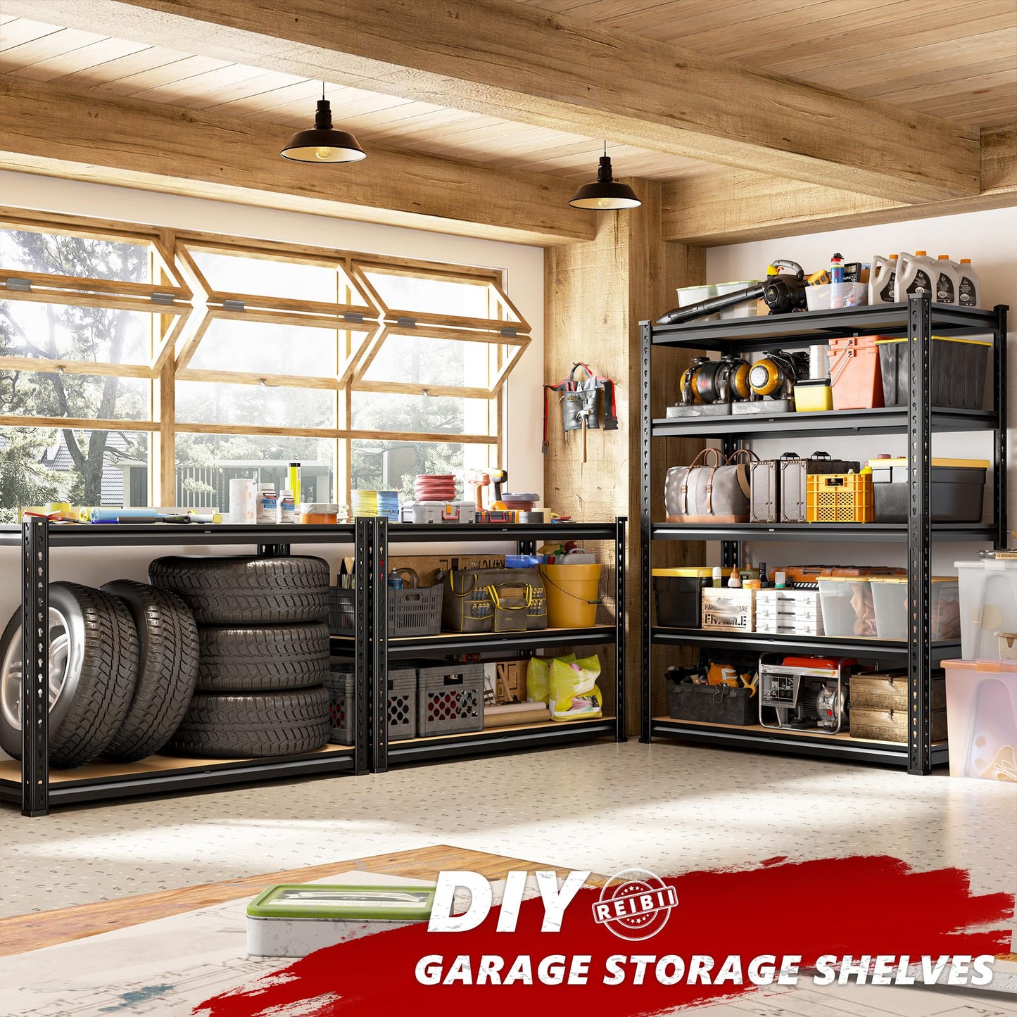 REIBII 2400LBS Storage Shelves 5 Tier Garage Shelving Heavy Duty Adjustable Garage Shelves, Utility Rack Shelf, Shelving Units for Storage Warehouse Pantry Closet, 35.5" W x 11.9" D x 72" H, 3 Pack