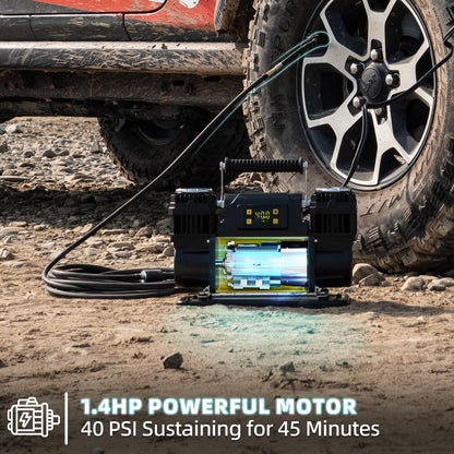 SAMOUT 12V Digital Air Compressor, Offroad Portable Inflator 12.3 CFM, Air Pump Max 150PSI for Heavy-Duty Tires, with LCD Control Panel to Preset Target Pressure, 4x4 Vehicle, SUV, RV