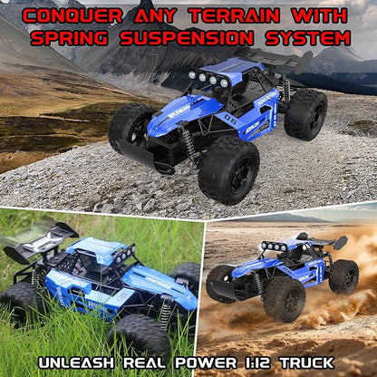 RC Monster Truck for Kids Ages 4–8 1:12 Remote Control Car with Alloy Shell 15.5 MPH (25KM/H) Fast Off Road Blue RC Car with 2 Speed Modes &amp LED Lights 2.4GHz Easy Control Toy Gift for Boys