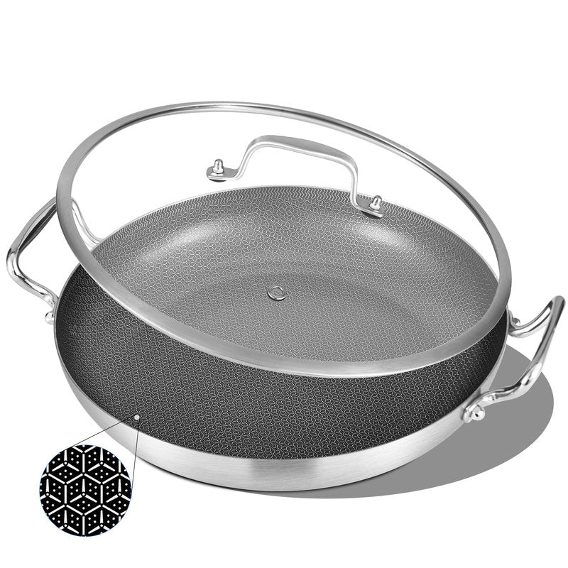Inqibee 13-Inch Hybrid Tri-Ply Stainless Steel Paella Pan with Lid, Ceramic Non Stick Large Skillet, Induction Cooking Pan, Anti-Scratch, Dishwasher and Oven Safe