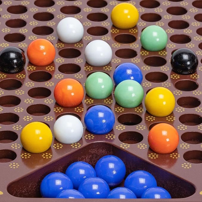 Yellow Mountain Imports Classic Chinese Checkers Halma Board Game Set with Storage 12.6-inch Wooden Board and Solid Color 16-Millimeter Glass Marbles