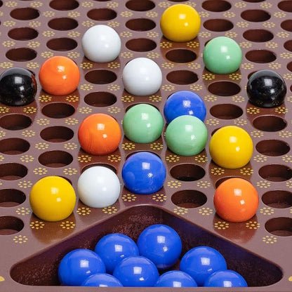 Yellow Mountain Imports Classic Chinese Checkers Halma Board Game Set with Storage 12.6-inch Wooden Board and Solid Color 16-Millimeter Glass Marbles