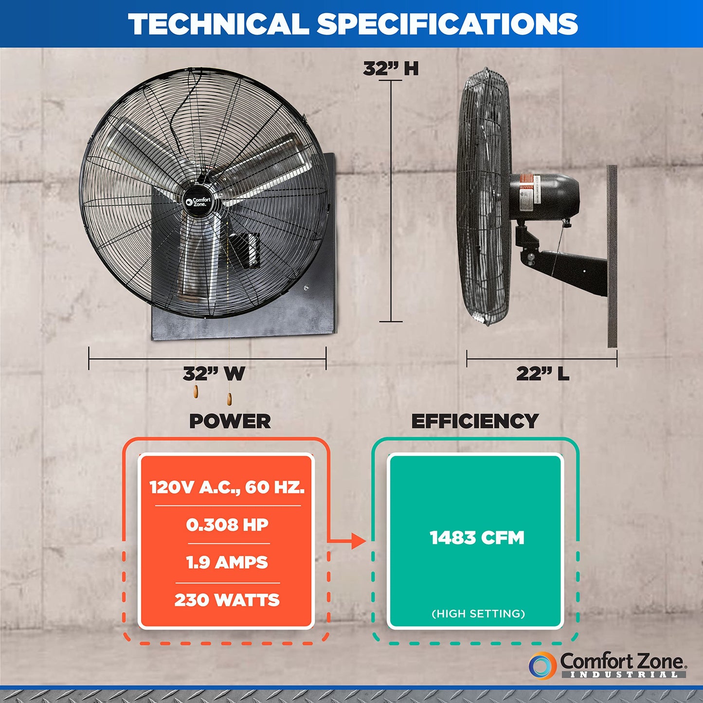Comfort Zone Oscillating High Velocity Industrial Wall Fan, 30 inch, 2 Speed, All Metal, Adjustable Angle & Tilt, Steel Mounting Bracket, Aluminum Blades, Ideal for Garage or Workshop, CZHVW30EX