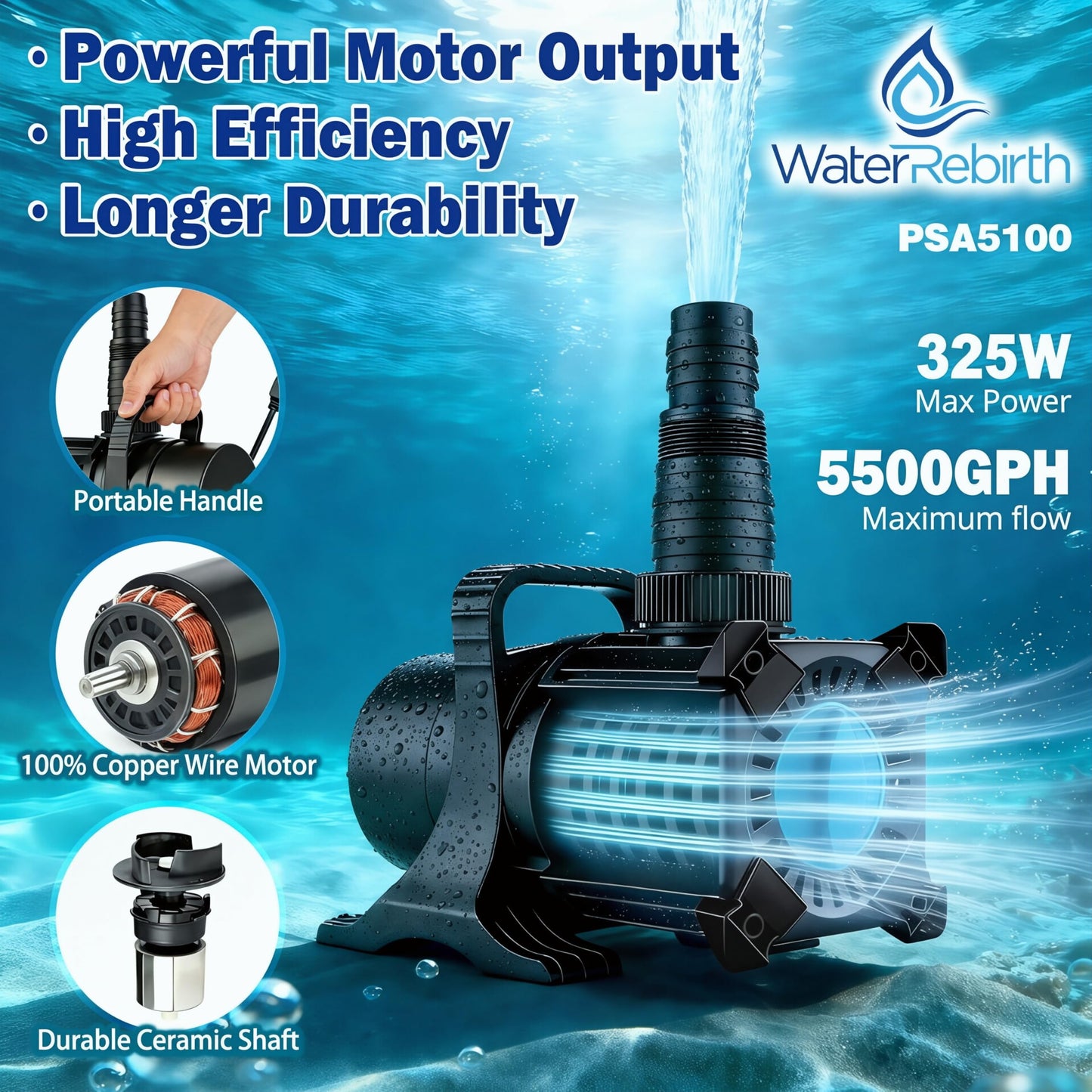 WaterRebirth PSA5100 High Flow Freshwater Pond Pump, 5500GPH 325W Submersible or External Water Pump, 18.7ft Max Lift, Ultra Quiet Waterfall Pump with 5-Position Adjustable Outlet