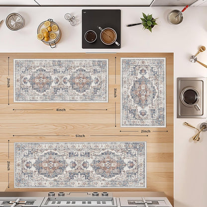 Skiennix Washable Kitchen Rug Set - Boho Non-Slip Soft Mats for Dog Bowl Area | 3 Sizes in Brick