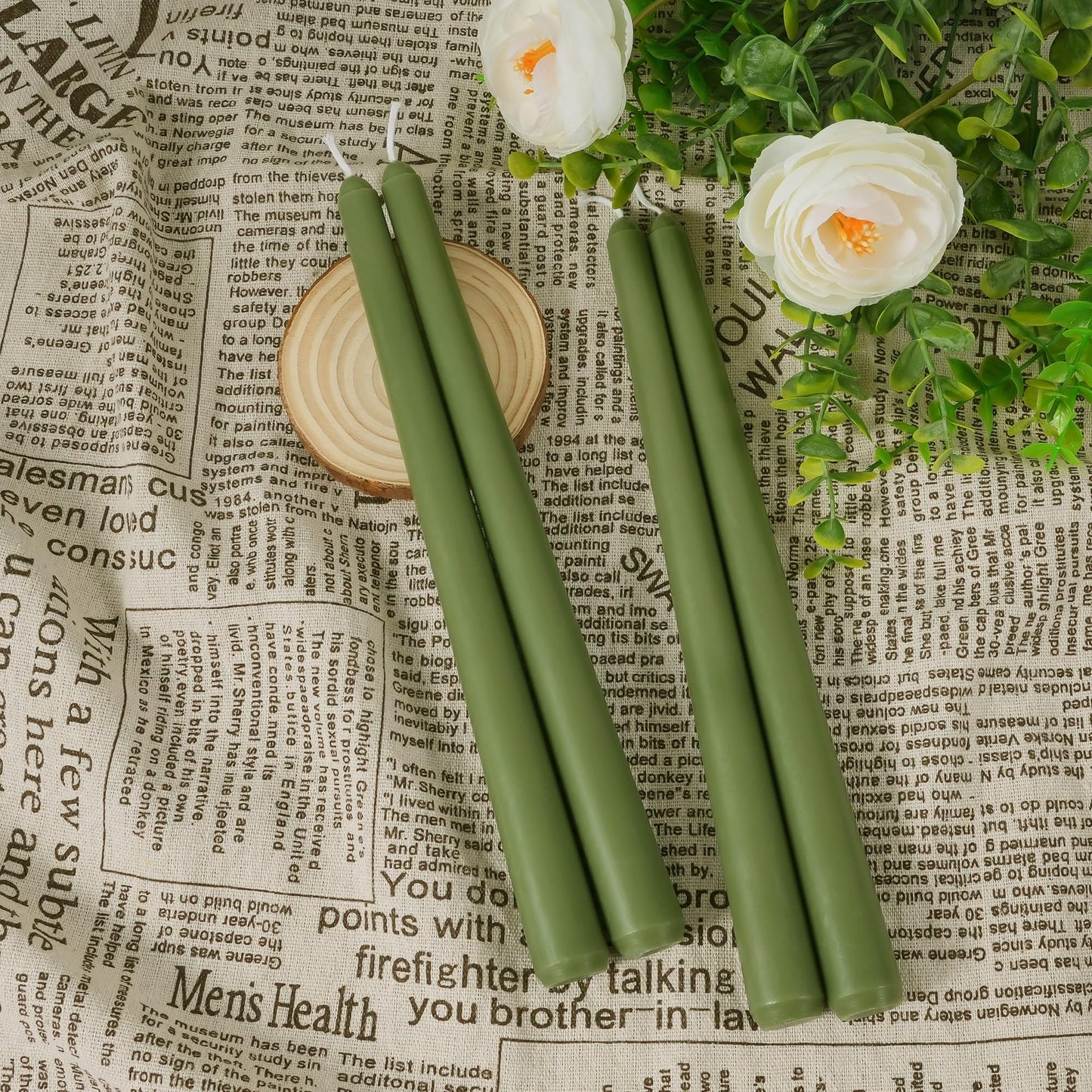 Viyffo Taper Candles, 10 Inch, 4 Pack, Olive Glow – Unscented, Dripless & Smokeless Design, Up to 8 Hour Burn – Long Tall Taper Candlesticks for Wedding, Dinner & Home Decor