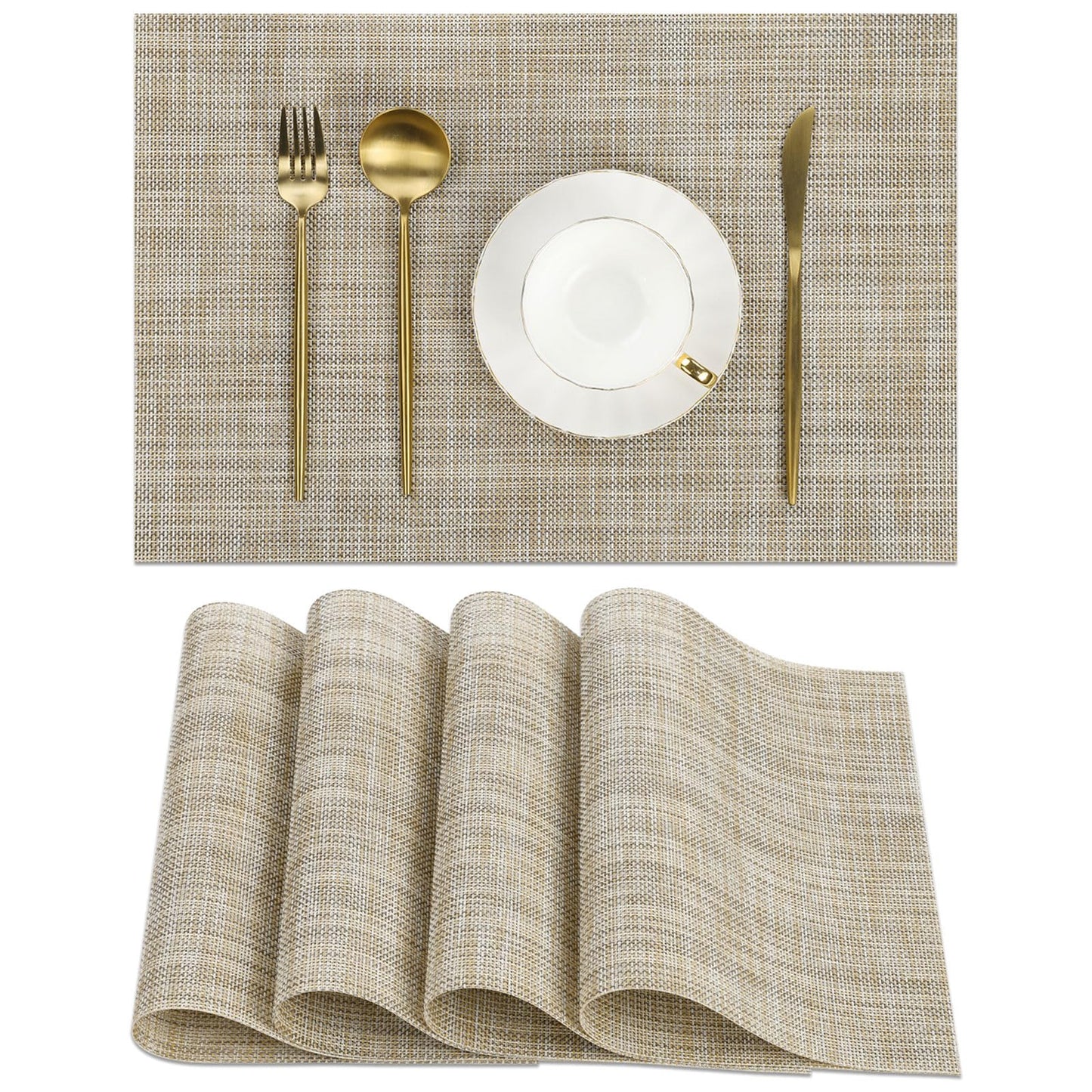 SHACOS Easy Clean Placemats Set of 4 Woven Vinyl Plastic Place Mats Heat Resistant Stain Resistant Dining Table Mats Indoor Outdoor Table Decor, Beige