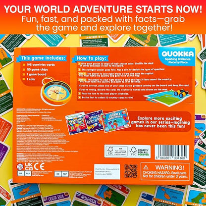 QUOKKA Board Games for Kids 8-12 - Family Games for Kids and Adults - Journey Across the World Card Game Ages 5-9 - Learn Capitals Flags Facts and Map Locations with 195 World Map Cards