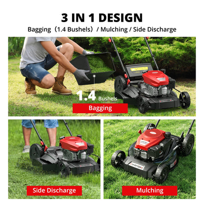 Amerisun 21" Self-Propelled Gas Lawn Mower, 170cc OHV Engine with Forced Air-Cooling, 3-in-1 System, Steel Deck, 6-Position Height Adjustment, Foldable Handle
