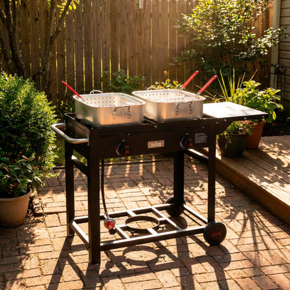 FEASTO Outdoor Propane Deep Fryer with Movable Cart, 2-Burner Stove with 100,000 BTU Total, 2 x 18QT Aluminum Pots, 1 x 18QT Basket & 2 x 9QT Frying Baskets, Portable Fryer for Fish, Fries & Chicken