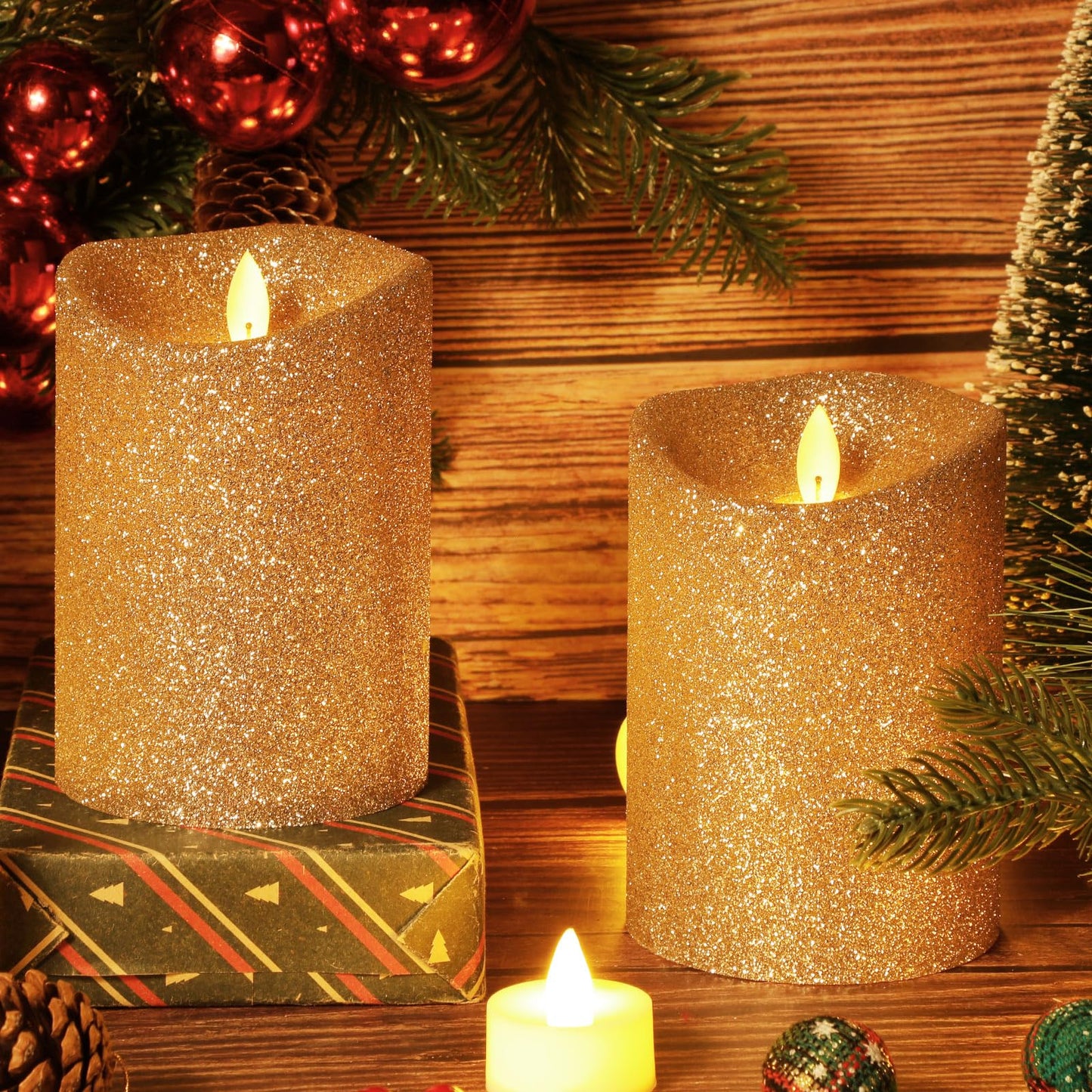Retisee 4 Pack Valentine's Day Ivory Glitter Flameless Candles 3.5 x 5 Inches Flickering Flame Wick Pillar Battery Operated Real Wax LED Candle with Remote for Anniversary Wedding Birthday Home Decor