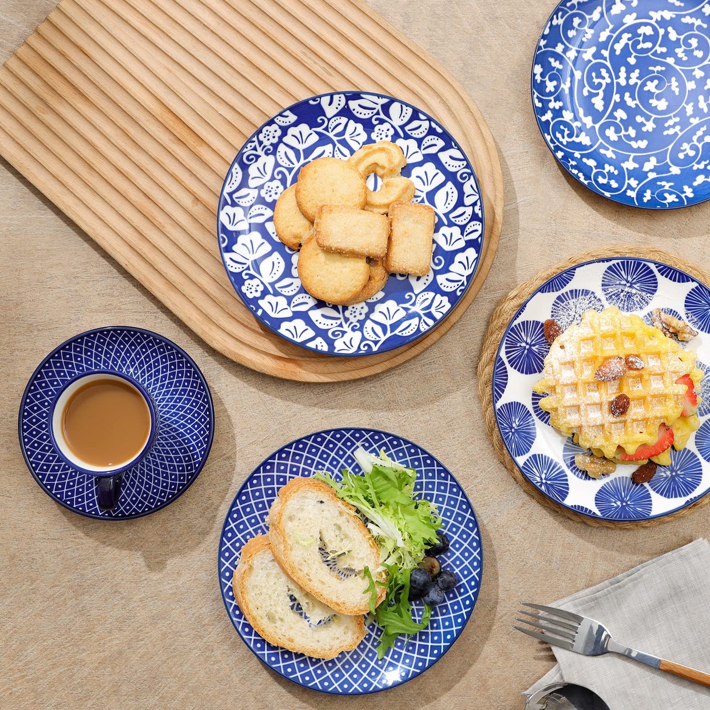 Selamica Ceramic Dessert Plates Set of 6, 6 Inch Appetizer Plates for Kitchen, Microwave & Dishwasher Safe, Vintage Blue