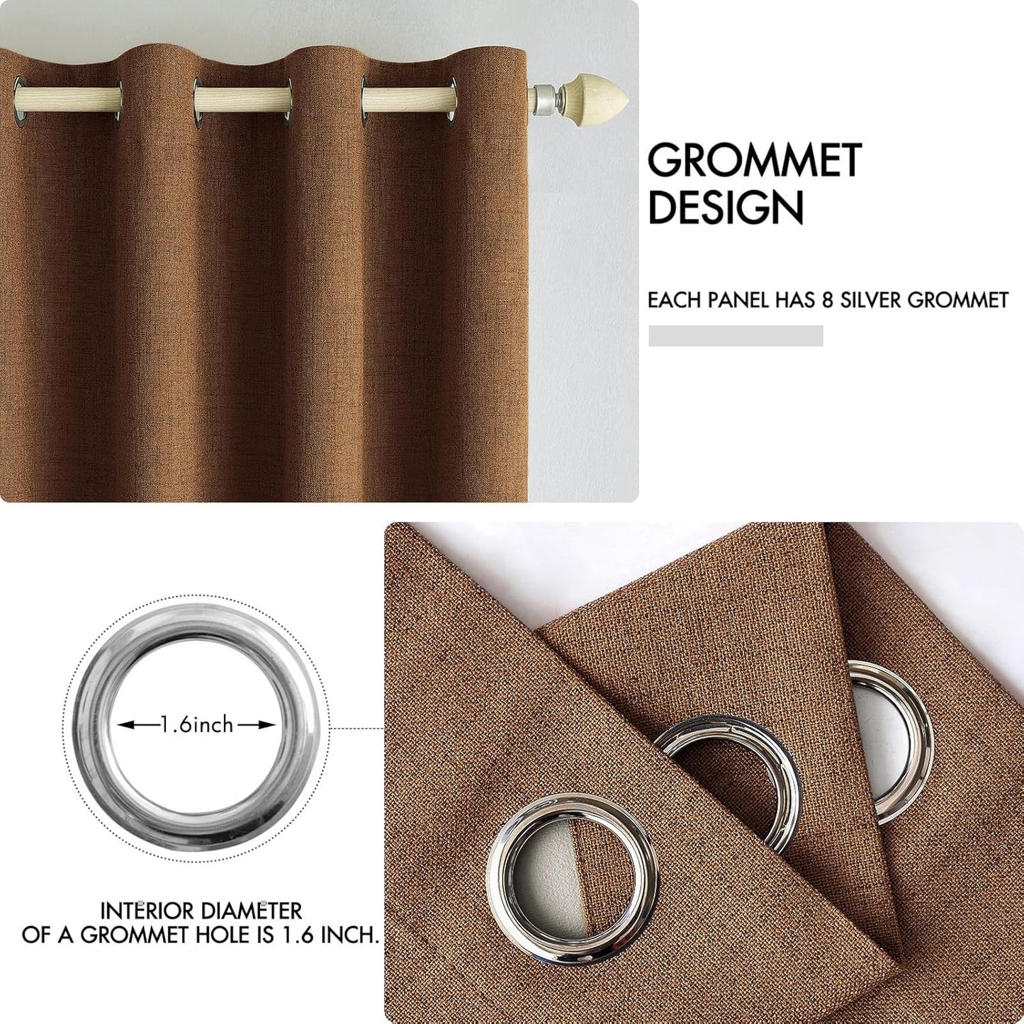 MIULEE Linen Curtains - 100% Blackout Thermal Insulated Drapes | Brown Grommet Room Darkening | 52 x 54 Inch (2 Panels)