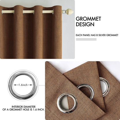 MIULEE Linen Curtains - 100% Blackout Thermal Insulated Drapes | Brown Grommet Room Darkening | 52 x 54 Inch (2 Panels)