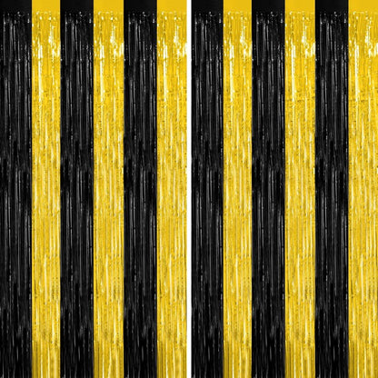 2 Pack Graduation Backdrop, 3.28 FT x 7.05 FT Black and Gold Foil Fringe Curtains, Metallic Foil Curtain Graduation Backdrop, Grad Party Supplies Black and Gold Party Decorations Class of 2026