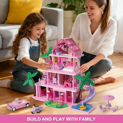 Girls House Building Sets Compatible with Lego Friends for Girls Age 8-12 4-Story Pink Villa Building Blocks Toys with Pull-Out Floors 903 Pieces Great Birthday Gift for Girls 8-14