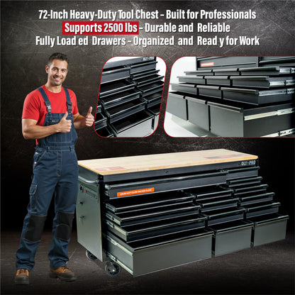 Olympia Tools 72 inch Heavy Duty Mobile Tool Chest Tool Box, with Solid Wood Top Workbench, 15-Drawer Rolling Tool Chest, Tool Storage Organizer for Garage, Workshop, and Home, Black