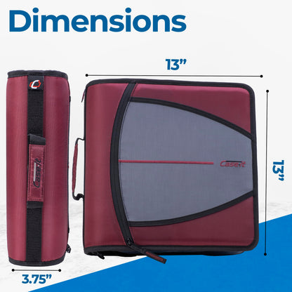 Case-it Mighty Zip Tab School Zipper Binder | 3-Inch O-Rings, 600-Sheet Capacity, 5-Subject Expanding File Folder, Multiple Pockets & Storage Organizer, Shoulder Strap | D-146 Red Burgundy