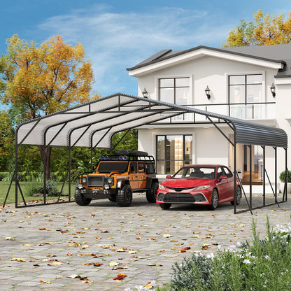 PeakPursuit Metal Carport, 20x20 FT Outdoor Car Port Canopy with Galvanized Steel Roof and Reinforced Base, Heavy Duty Garage Car Shelter Shade for SUV, Truck, Boats
