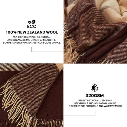 Cozy Blankets - New Zealand Virgin Wool Throw Blanket, Indoor and Outdoor Blankets and Throws, Comfortable Soft Blanket with Fringes and Tartan Pattern, 67 x 79 in, Queen Size, Brown