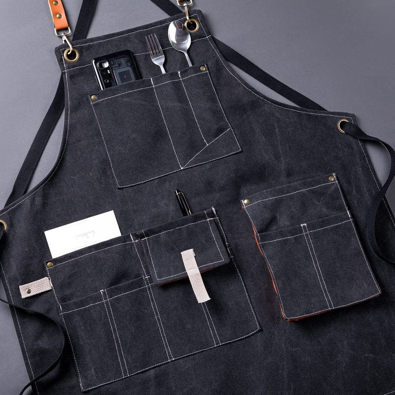 Aoomzoon Canvas Aprons for Men Chef Apron, Work Apron with Large Pockets - Durable 16oz Heavy Duty Cross Back, BBQ, Cooking(Black, 1 Pack)