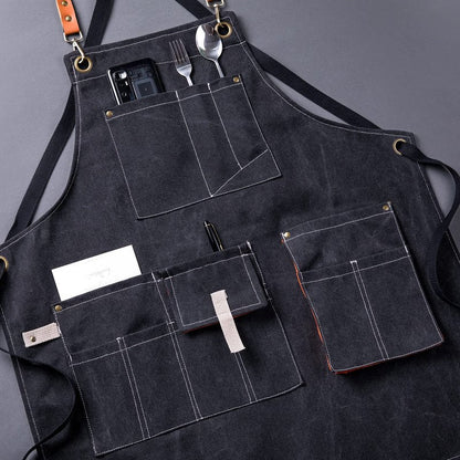 Aoomzoon Canvas Aprons for Men Chef Apron, Work Apron with Large Pockets - Durable 16oz Heavy Duty Cross Back, BBQ, Cooking(Black, 1 Pack)