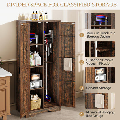 DWVO Wooden Storage Cabinet, Vacuum Cleaner Cabinet Storage Compatible with Dyson Models, Utility Cabinet Stand for Brooms and Mops, Cleaning Tool Cabinet with Doors for Garage