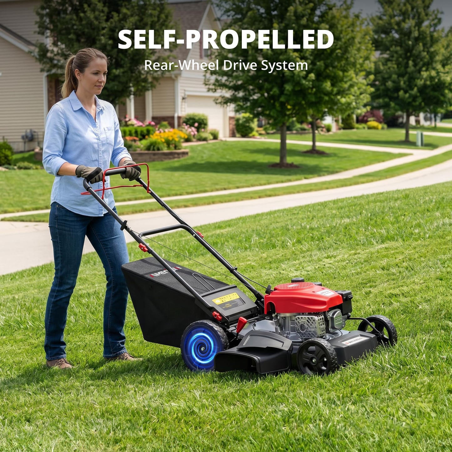Amerisun 21" Self-Propelled Gas Lawn Mower, 170cc OHV Engine with Forced Air-Cooling, 3-in-1 System, Steel Deck, 6-Position Height Adjustment, Foldable Handle