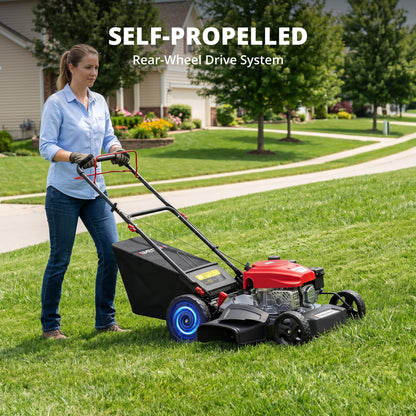 Amerisun 21" Self-Propelled Gas Lawn Mower, 170cc OHV Engine with Forced Air-Cooling, 3-in-1 System, Steel Deck, 6-Position Height Adjustment, Foldable Handle