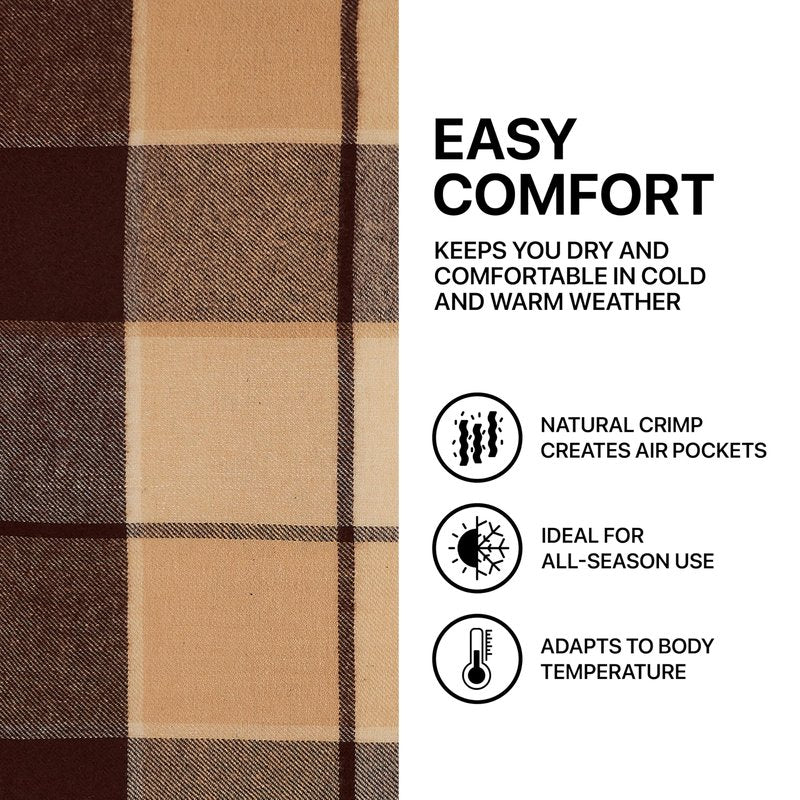 Cozy Blankets - New Zealand Virgin Wool Throw Blanket, Indoor and Outdoor Blankets and Throws, Comfortable Soft Blanket with Fringes and Tartan Pattern, 67 x 79 in, Queen Size, Brown