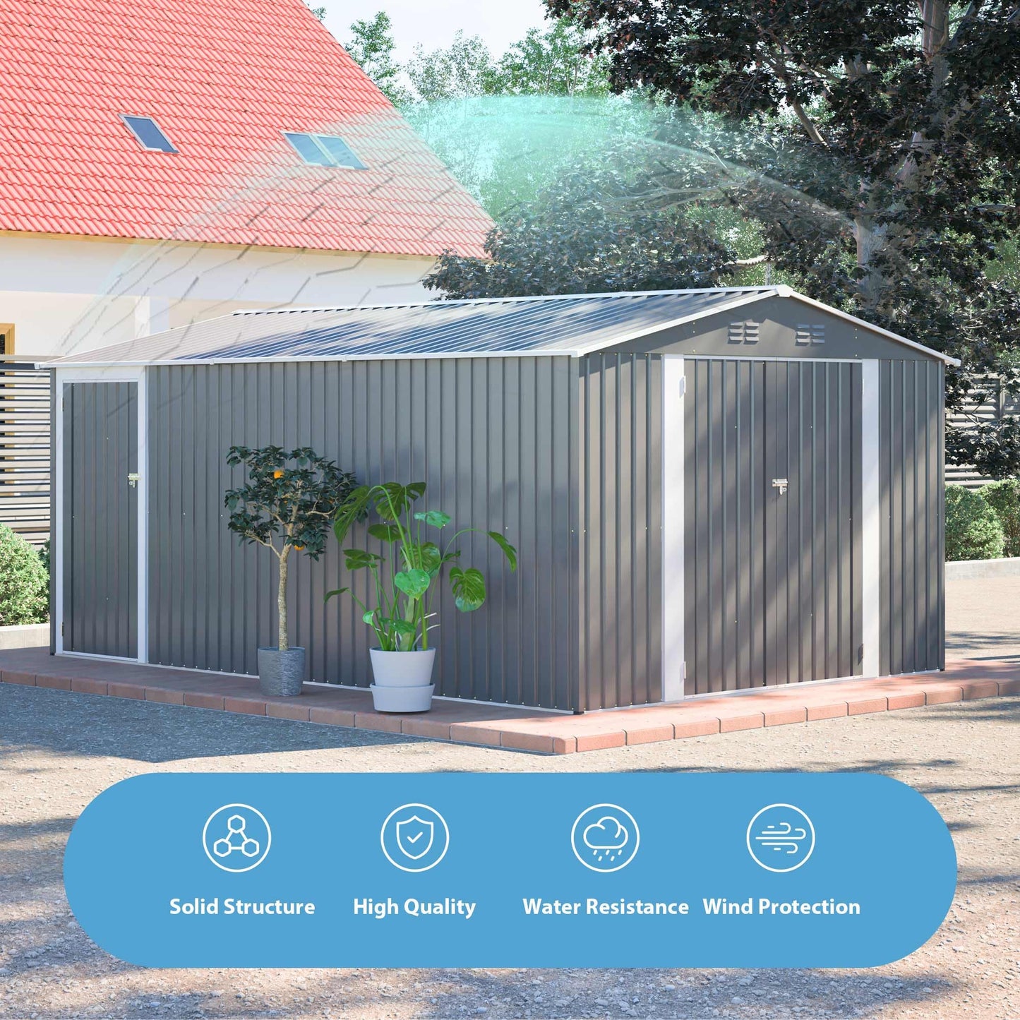 10'x14' Galvanized Steel Outdoor Storage Shed with 3 Lockable Hinged Doors & Side Access Door, 4 Top Air Vents & Built-in Raised Floor Frame, Large Garden Tool Shed, Gray