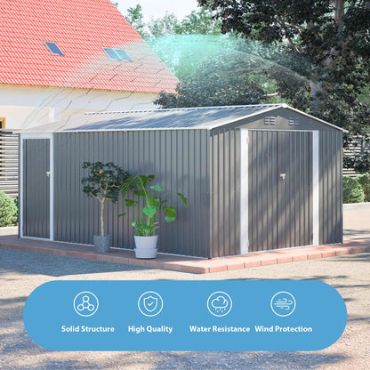 10'x14' Galvanized Steel Outdoor Storage Shed with 3 Lockable Hinged Doors & Side Access Door, 4 Top Air Vents & Built-in Raised Floor Frame, Large Garden Tool Shed, Gray