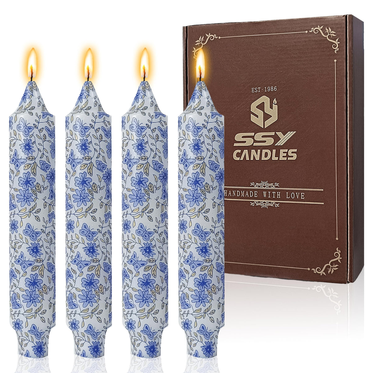 Short Blue and White Taper Candles 7 Inch Handmade Floral Candle Sticks Smokeless Unscented Clean Burning Candles for Meditation Sailing Housewarming Gift Wedding Birthday Home Dinner