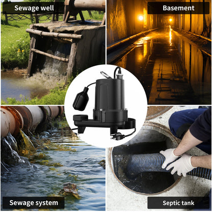LANCHEZ 1.5 HP 53FT Submersible Sewage Pump, 4300 GPH Heavy Duty Cast Iron Effluent Pump with Automatic Tethered Float Switch, Sump Pump for Sump Basin, Basement, Residential, 2" NPT Discharge, Black