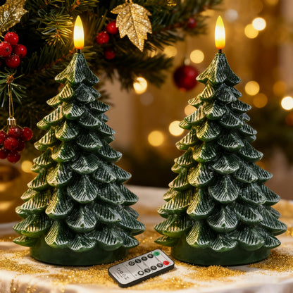 Sttokilly 2Pcs Christmas Tree Flameless Candles with Remote and Timer,LED Candles Battery Operated,Real Wax Window Candlesticks with Flickering 3D Flame for Christmas Decoration