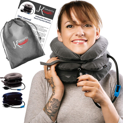 Pinched Nerve Neck Stretcher Cervical Traction Device for Home Pain Treatment | Inflatable Spinal Decompression Collar Unit Muscle Strain Injury Relief | Herniated Disc Problems Remedy Kit (Gray)