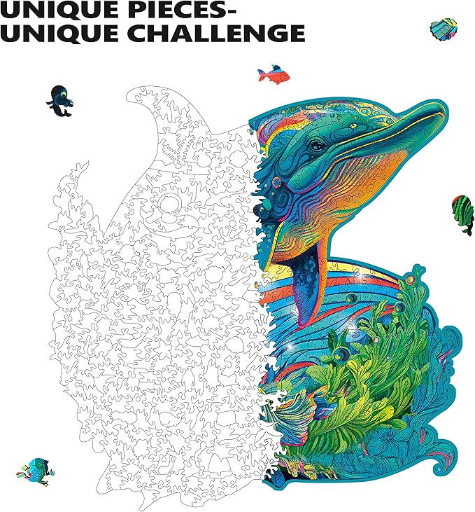 MYS Aurora Wooden Puzzles Dolphin Jigsaw Puzzles 900 Pieces Unique Shaped Wooden Puzzles for Adults and Kids Family Game 23.3x22.5 Inch