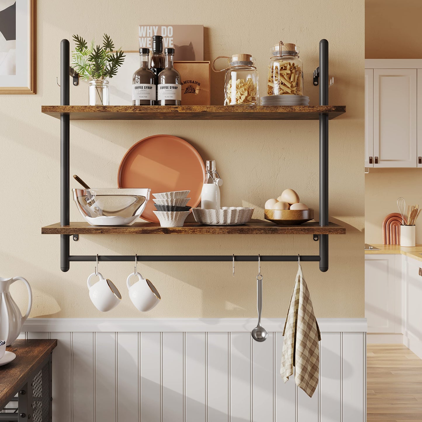 Bestier Floating Pipe Shelving Kitchen Shelves, 31" Wall Mounted Shelf 2 Tier & 3 Tier Bundle, Rustic Brown