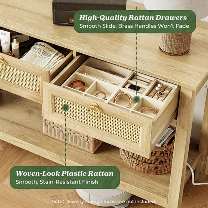SUPERJARE Rattan Console Sofa Table with Outlets and USB-C Port, 3 Drawer Entryway Table with Synthetic Rattan Surface, Open Shelf, Behind Couch Entry Foyer Hallway Storage, Natural