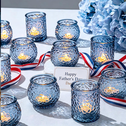 WELLIFE 24-Piece Blue Glass Votive Candle Holders Set – Tealight Candle Holder Glass Bulk with 12 Round & 12 Hammered Textured Cups, Blue Votive Candle Holders for Weddings, Parties, Home