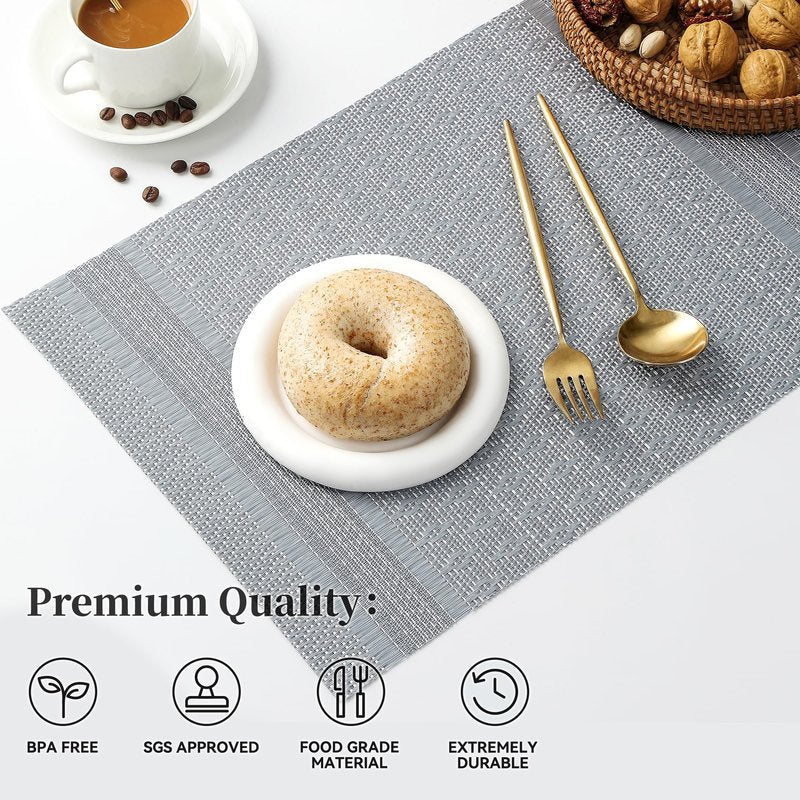 Leetaltree Lunar Grey Placemats Set of 12 - Heat Resistant Non-Slip Place mats for Dining Table, Washable Durable PVC Vinyl Woven Table Mats（Lunar Grey, 12）