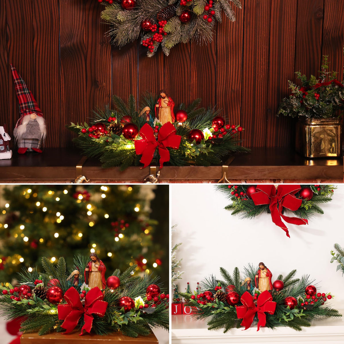 Christmas Table Centerpiece with LED Lights, Christmas Decoration with Red Jesus Pine Needle Ornament, Red Berry, Balls for Holiday Party, Home
