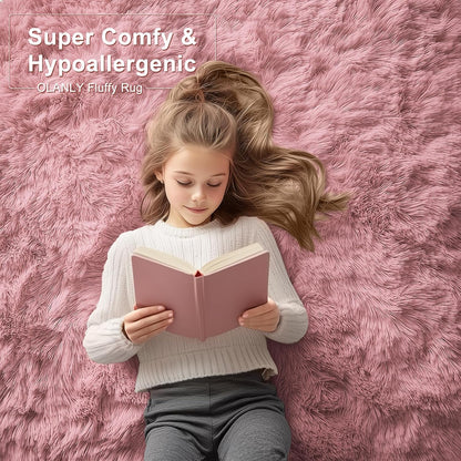 OLANLY Soft Fluffy Shaggy Runner Rugs - Machine Washable Indoor Carpet for Bedroom & Hallway | Pale Pink