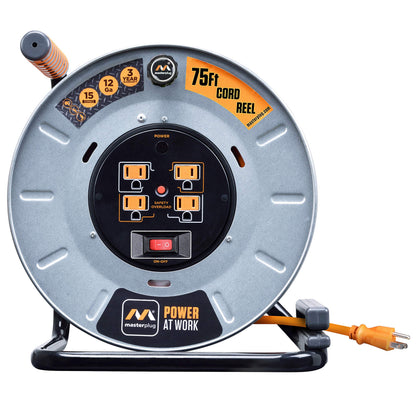 Masterplug Metal Steel Drum with Four Powered Outlets, Open Cord Reel Extension Cord with Winding Handle, Overload Circuit Breaker and Power Switch, 75 Feet 12AWG, High Visibility Cord