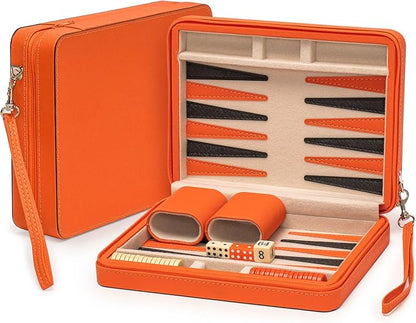 Yellow Mountain Imports Travel Size Backgammon Mini Game Set Alanya - Magnetic Checkers and 9-inch Board in Sleek Leatherette Case - Classic Strategy Board Game