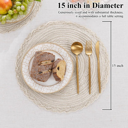 SHACOS 15 inch Round Braided Placemats Set of 12 for Dining Table Woven Boho Place Mats Kitchen Placemat Washable Table Mats, Ivory Bordered